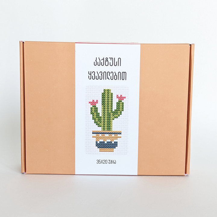 კაქტუსი ყვავილებით - კანვაზე ქარგვა